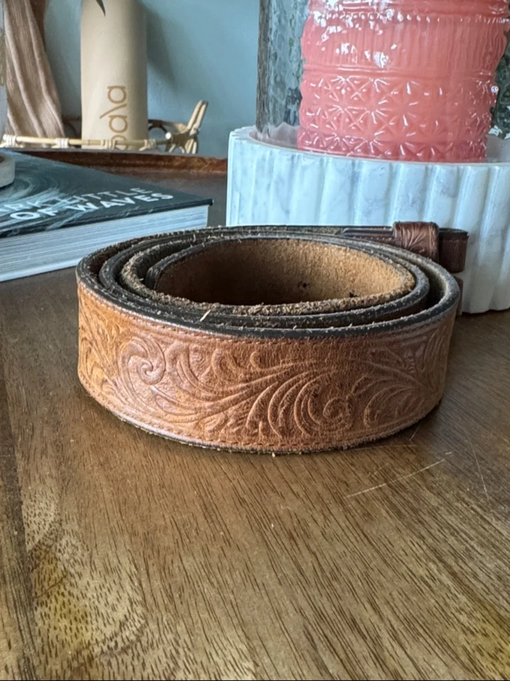 Silver Creek Tooled Leather Belt Brown Western Made USA 43”